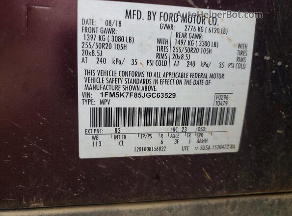 1FM5K7F85JGC63529 2018 FORD FORD EXPLORER Maroon Engine compartment view