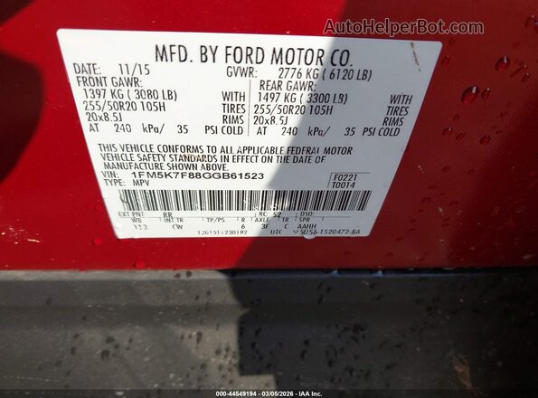 1FM5K7F88GGB61523 2016 FORD FORD EXPLORER Red 