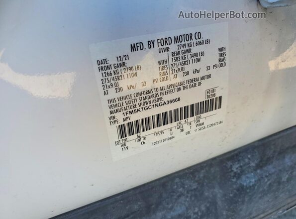 1FM5K7GC1NGA36668 2022 FORD FORD EXPLORER White VIN კოდის სტიკერის ხედი
