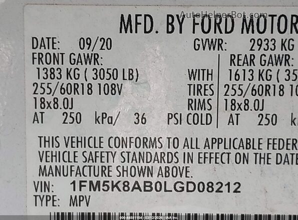 1FM5K8AB0LGD08212 2020 FORD POLICE INTERCEPTOR White Շարժիչի բաժամունքի տեսք