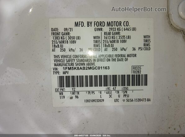 1FM5K8AB2MGC01163 2021 FORD POLICE INTERCEPTOR White ძრავის განყოფილების ხედი