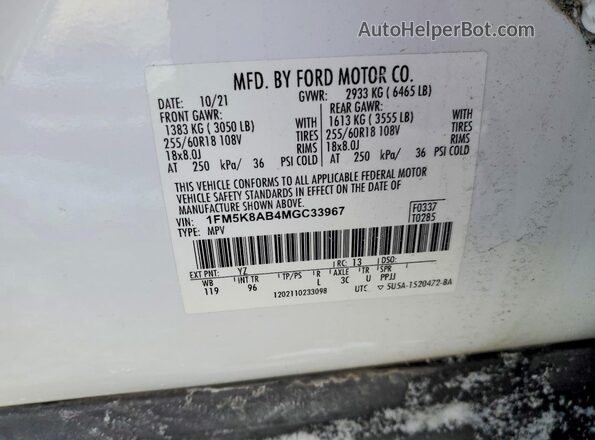 1FM5K8AB4MGC33967 2021 FORD FORD EXPLORER Белый Вид наклейки с VIN-кодом