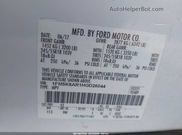 1FM5K8AR1HGD26044 2017 FORD UTILITY POLICE INTERCEPTOR White Շարժիչի բաժամունքի տեսք
