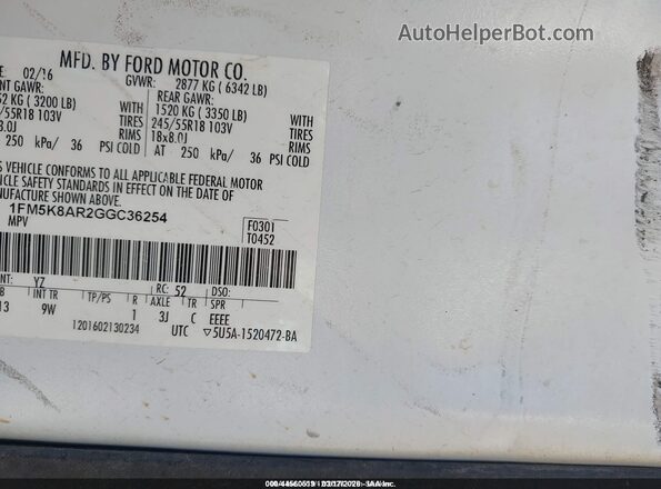1FM5K8AR2GGC36254 2016 FORD UTILITY POLICE INTERCEPTOR White Вид наклейки з VIN-кодом