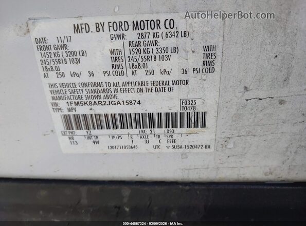 1FM5K8AR2JGA15874 2018 FORD POLICE INTERCEPTOR White Widok komory silnika