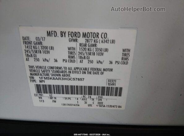 1FM5K8AR3HGC57857 2017 FORD UTILITY POLICE INTERCEPTOR White 