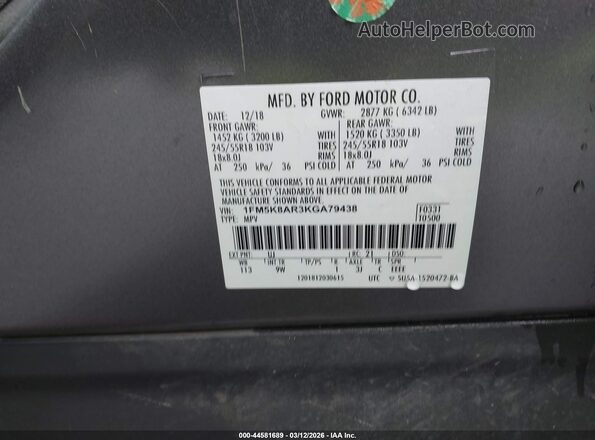 1FM5K8AR3KGA79438 2019 FORD POLICE INTERCEPTOR Gray Vista del compartimento del motor