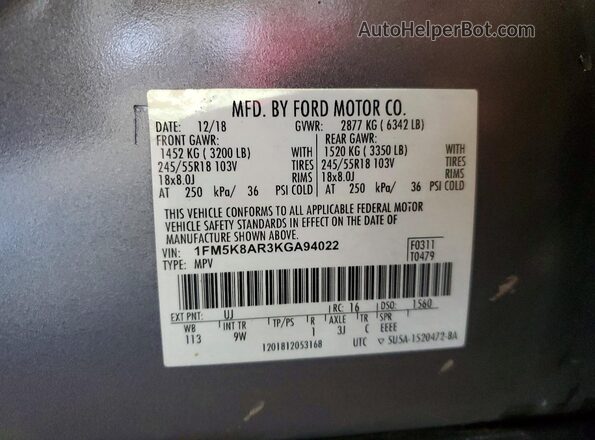 1FM5K8AR3KGA94022 2019 FORD FORD EXPLORER Gray Вид наклейки з VIN-кодом