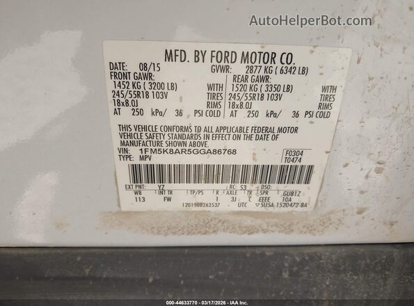 1FM5K8AR5GGA86768 2016 FORD UTILITY POLICE INTERCEPTOR White Вид підкапотного простору