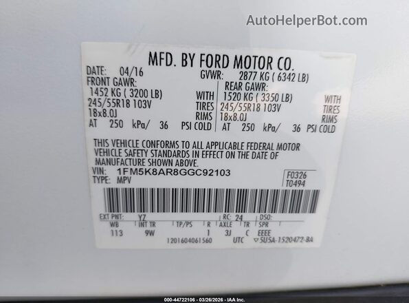 1FM5K8AR8GGC92103 2016 FORD UTILITY POLICE INTERCEPTOR White ძრავის განყოფილების ხედი
