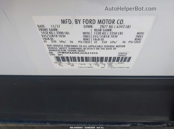 1FM5K8ARXJGA21910 2018 FORD POLICE INTERCEPTOR White Engine compartment view