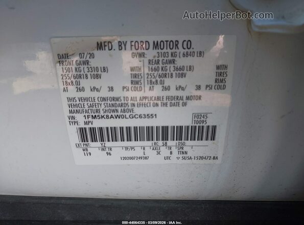1FM5K8AW0LGC63551 2020 FORD POLICE INTERCEPTOR White Vista del compartimento del motor