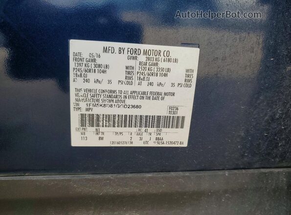 1FM5K8D81GGD23680 2016 FORD FORD EXPLORER Blue 