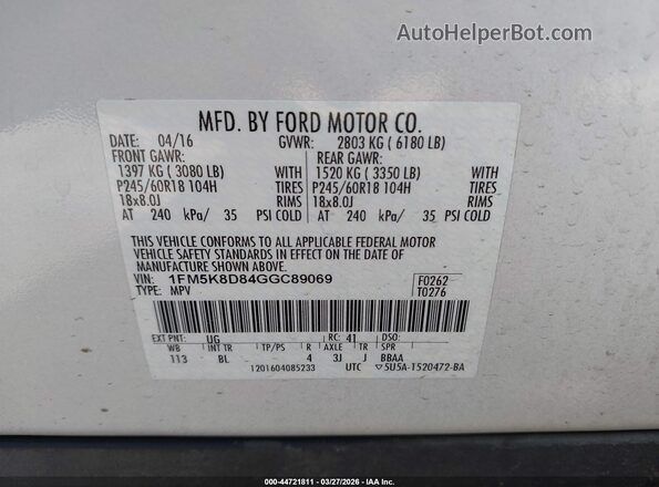 1FM5K8D84GGC89069 2016 FORD FORD EXPLORER White Engine compartment view