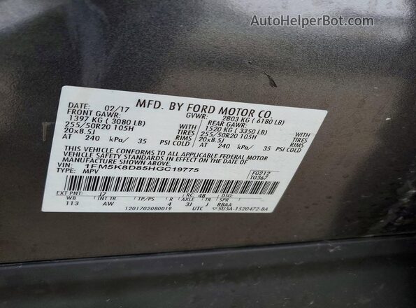 1FM5K8D85HGC19775 2017 FORD FORD EXPLORER Gray Vista de la etiqueta del VIN
