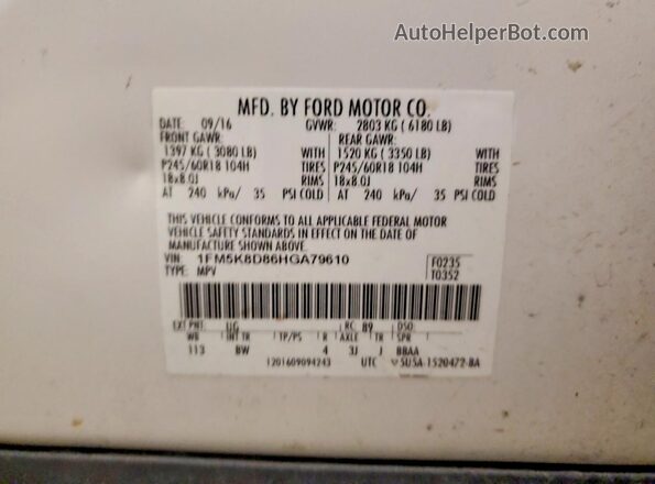 1FM5K8D86HGA79610 2017 FORD FORD EXPLORER White Vista de la etiqueta del VIN