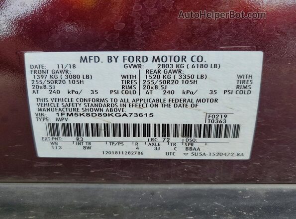 1FM5K8D89KGA73615 2019 FORD FORD EXPLORER Burgundy 