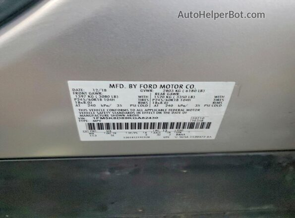 1FM5K8D89KGA82430 2019 FORD FORD EXPLORER Silver 360 interior view
