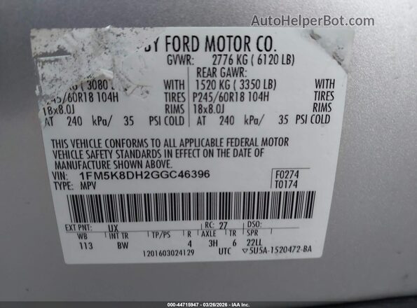 1FM5K8DH2GGC46396 2016 FORD FORD EXPLORER Серебряный Вид подкапотного пространства