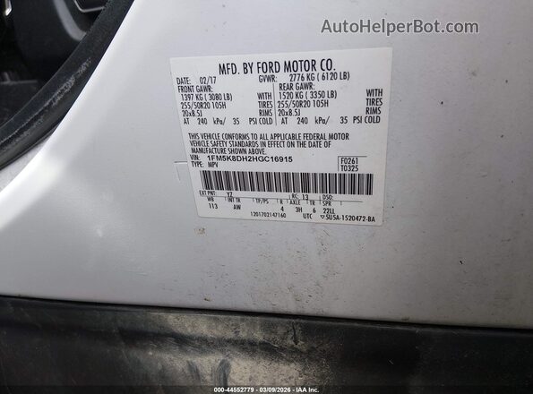 1FM5K8DH2HGC16915 2017 FORD FORD EXPLORER White 