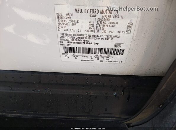 1FM5K8GC2LGA61999 2020 FORD FORD EXPLORER White Engine compartment view