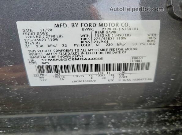 1FM5K8GC8MGA44545 2021 FORD FORD EXPLORER Gray Vista de la etiqueta del VIN