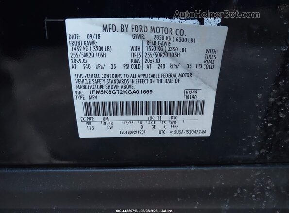 1FM5K8GT2KGA01669 2019 FORD FORD EXPLORER Black Շարժիչի բաժամունքի տեսք