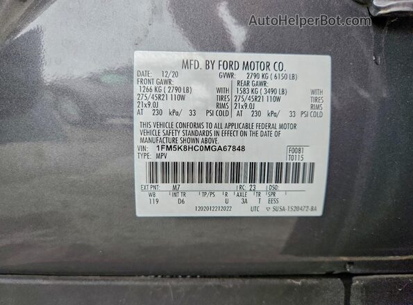 1FM5K8HC0MGA67848 2021 FORD FORD EXPLORER Gray Vista de la etiqueta del VIN