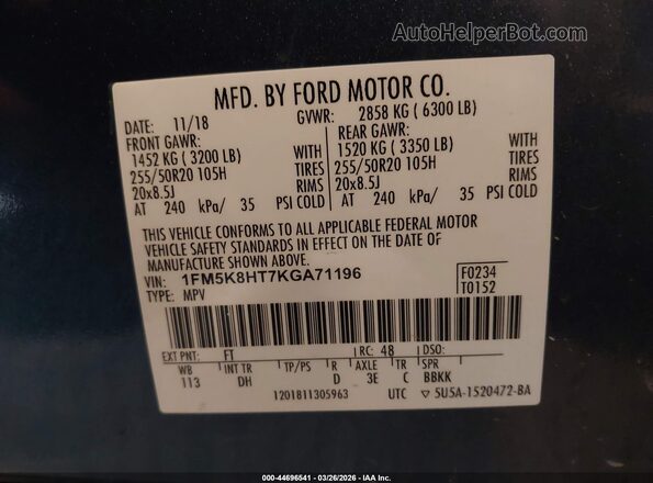 1FM5K8HT7KGA71196 2019 FORD FORD EXPLORER Blue 