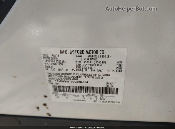 1FM5K8HT9JGA86054 2018 FORD FORD EXPLORER White 