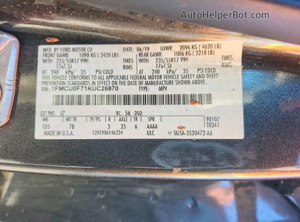 1FMCU0F71KUC26870 2019 FORD ESCAPE Charcoal 