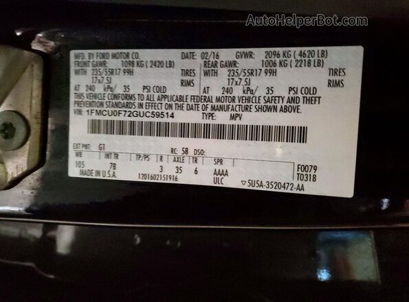 1FMCU0F72GUC59514 2016 FORD ESCAPE Black Widok komory silnika