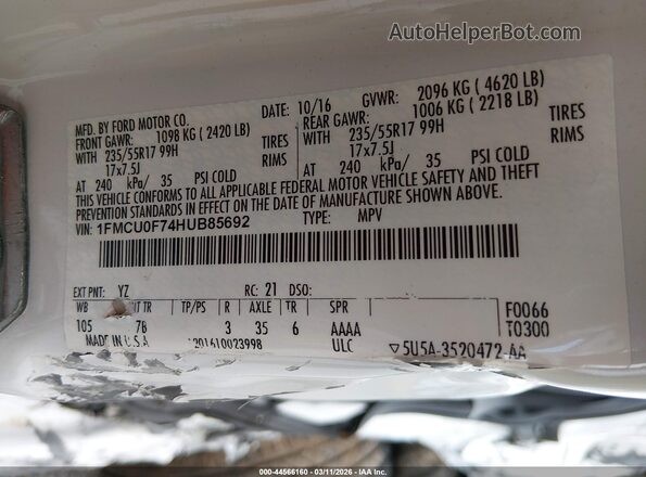 1FMCU0F74HUB85692 2017 FORD ESCAPE White 