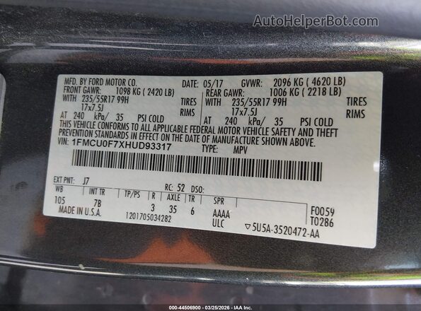 1FMCU0F7XHUD93317 2017 FORD ESCAPE Gray Vista del compartimento del motor
