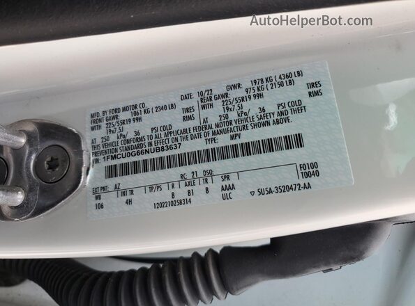 1FMCU0G66NUB83637 2022 FORD ESCAPE White Панорамний вид салону 360°