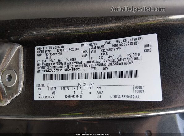 1FMCU0GD1JUD46932 2018 FORD ESCAPE Gray Engine compartment view