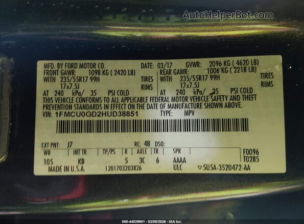 1FMCU0GD2HUD38851 2017 FORD ESCAPE Gray Շարժիչի բաժամունքի տեսք