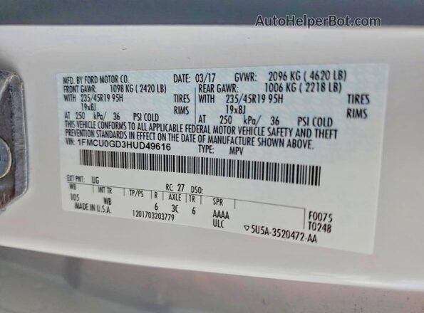 1FMCU0GD3HUD49616 2017 FORD ESCAPE White Vista de la etiqueta del VIN