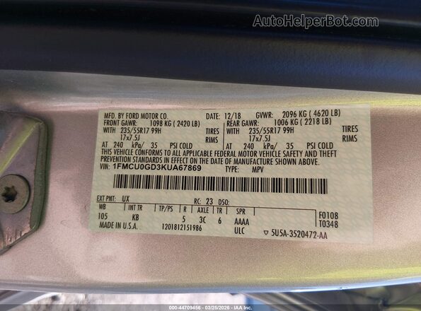 1FMCU0GD3KUA67869 2019 FORD ESCAPE Silver Շարժիչի բաժամունքի տեսք