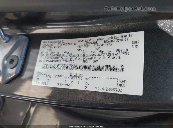 1FMCU0GD9KUB46768 2019 FORD ESCAPE Серый 
