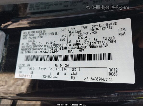 1FMCU0GDXKUA94244 2019 FORD ESCAPE Black Շարժիչի բաժամունքի տեսք