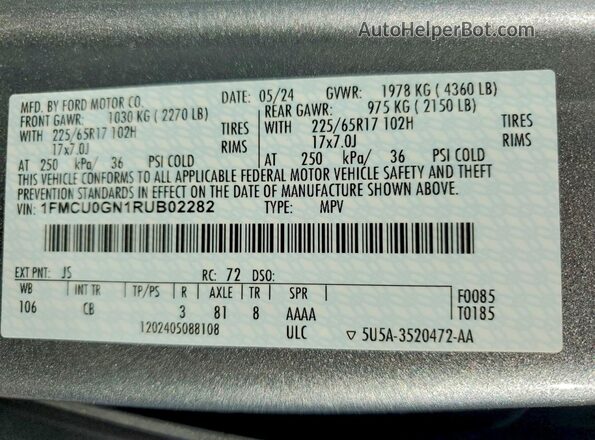 1FMCU0GN1RUB02282 2024 FORD ESCAPE Silver Widok wnętrza 360 stopni