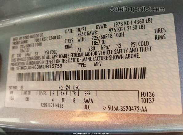 1FMCU0H63MUB15759 2021 FORD ESCAPE Silver Вид підкапотного простору