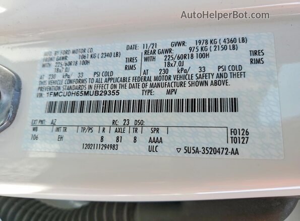 1FMCU0H65MUB29355 2021 FORD ESCAPE White Widok naklejki z numerem VIN