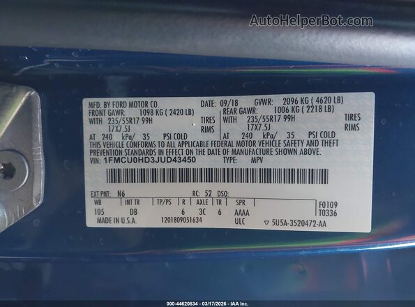 1FMCU0HD3JUD43450 2018 FORD ESCAPE Blue ძრავის განყოფილების ხედი