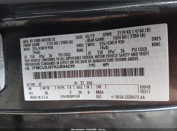 1FMCU0J97KUB94239 2019 FORD ESCAPE Gray Vista del compartimento del motor