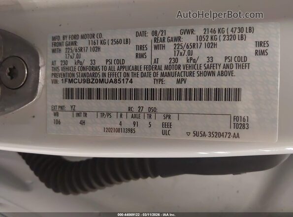 1FMCU9BZ0MUA85174 2021 FORD ESCAPE White Շարժիչի բաժամունքի տեսք