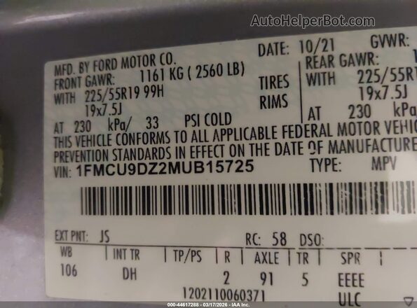 1FMCU9DZ2MUB15725 2021 FORD ESCAPE Silver Engine compartment view