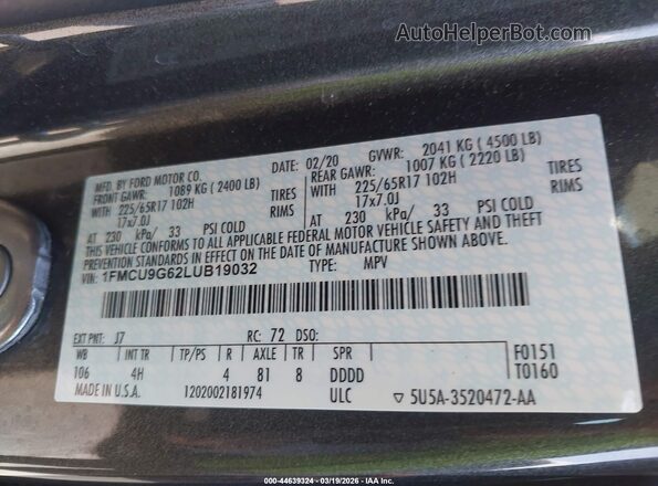 1FMCU9G62LUB19032 2020 FORD ESCAPE Gray Вид підкапотного простору