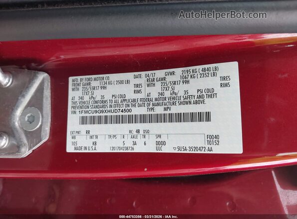 1FMCU9G9XHUD74500 2017 FORD ESCAPE Red Vista del compartimento del motor